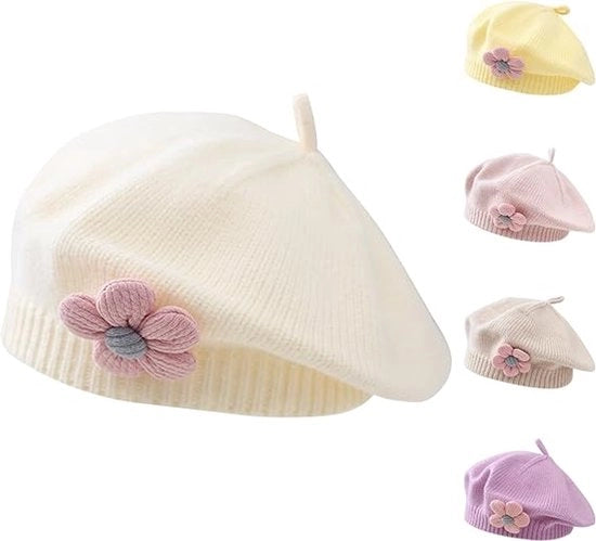 Baret invernale per bambina caldo cappello bambino copricapo per bambina con fiori delicati - bianco