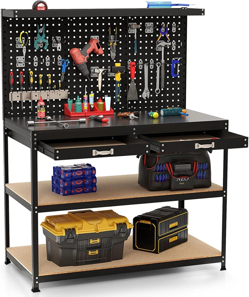 Banco da Lavoro con Piano da 120 x 60 cm, Banco da Lavoro Officina con Pannello Forato e 24 Ganci Porta Attrezzi, Tavolo da Lavoro per Garage con 2 Cassetti e 2 Mensole (Blu)