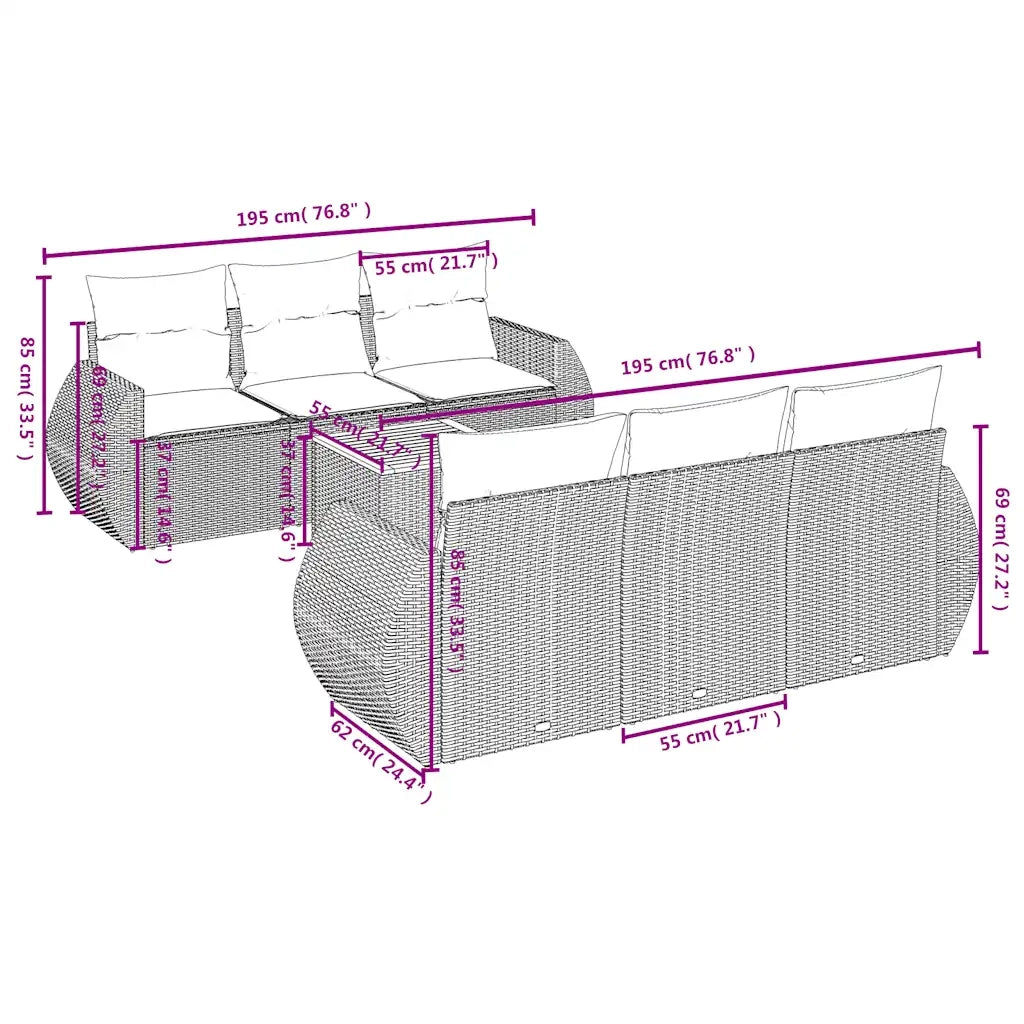 Set Divani da Giardino 7 pz con Cuscini Nero in Polyrattan 3224895