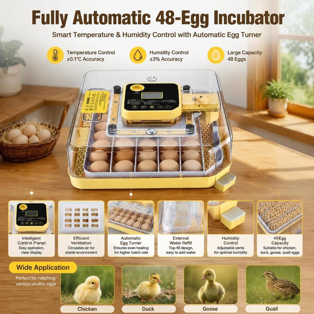 Fully Automatic 48-egg Incubator With Egg Turner, Temperature And Humidity Control, For Hatching Chicks, Ducks, Geese, And Quail.