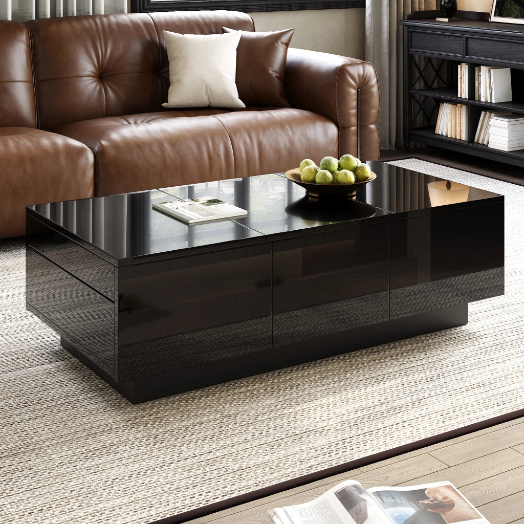 Tavolino da Salotto con 2 Cassetti e Piani Scorrevoli; Nero Lucido; Stile Moderno; in Pannelli di Particelle; Nero