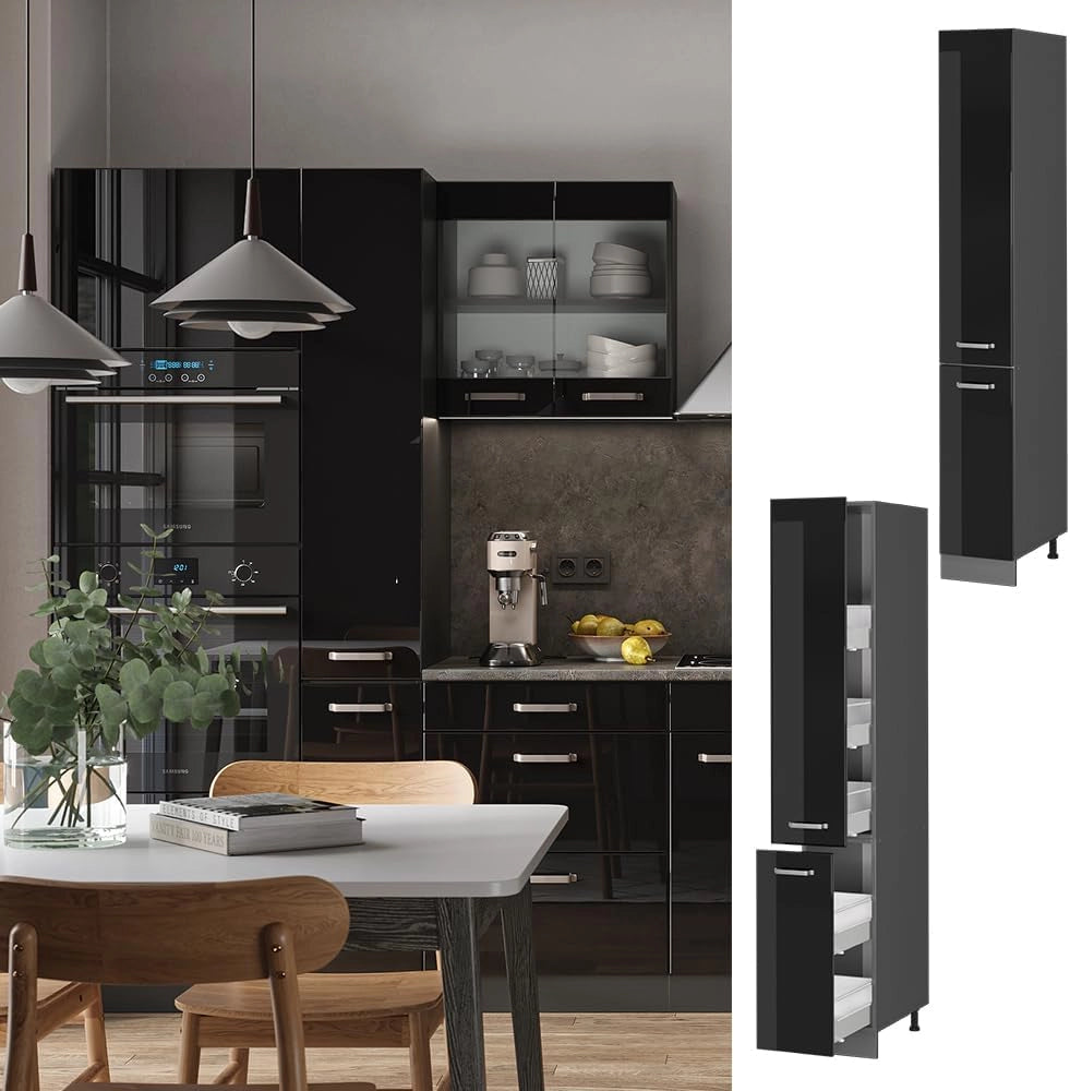Armadio da farmacia R-Line, Nero lucido, 30 cm, per la libera combinazione all'interno di sistemi cucina modulari