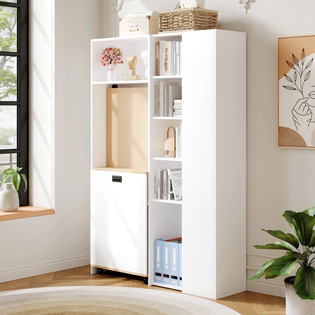 Scrivania pieghevole 2 in 1 con libreria, presa EU e USB, ripiani regolabili, anti-ribaltamento, bianco rovere