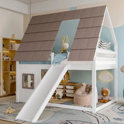 Letto a castello 140x200 cm a forma di casa con tetto; scala e scivolo in MDF; pino; compensato marrone e bianco