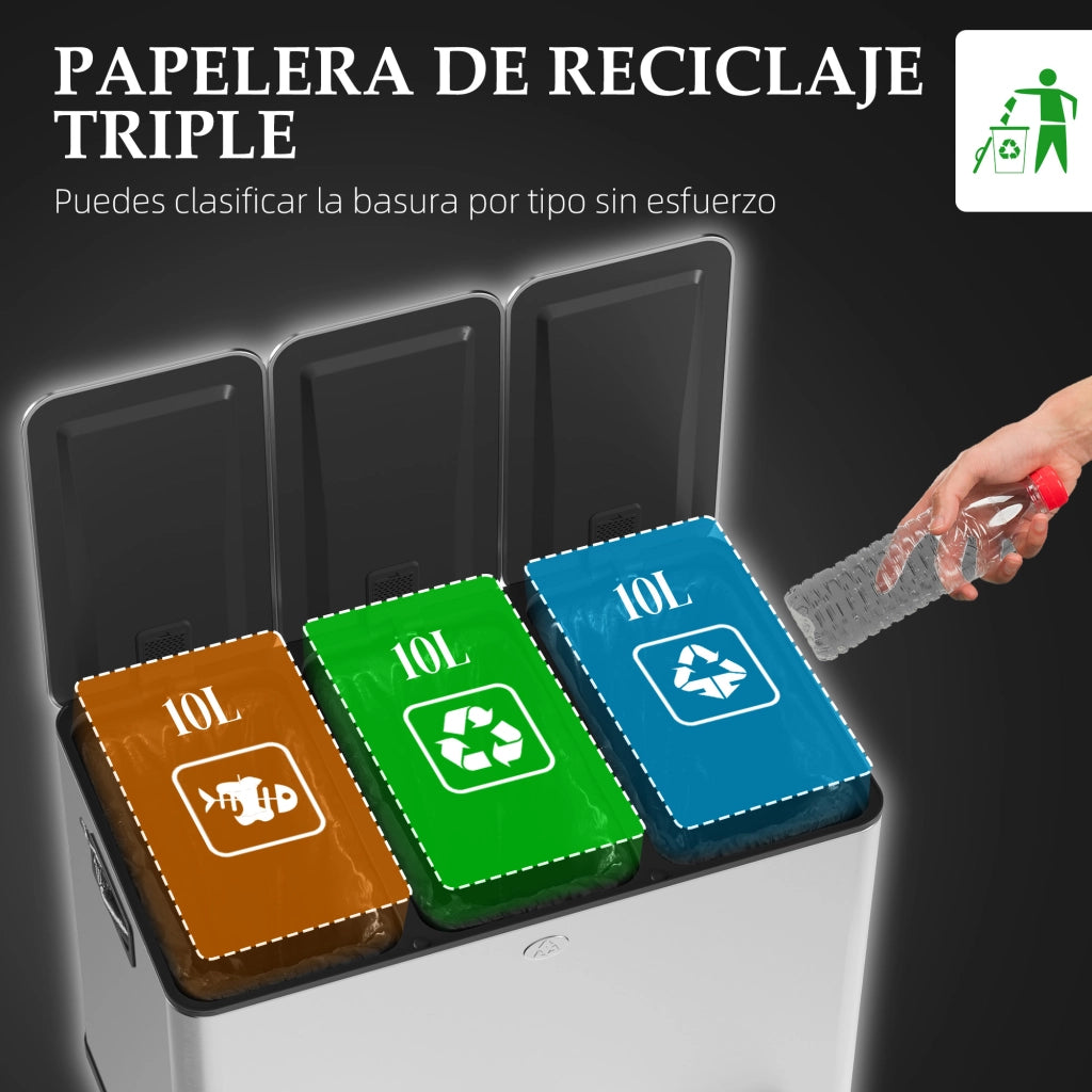 Cestino Rifiuti Acero Inox 3x10L ¨C Zephmum ¨C Grigio 35x30x40
