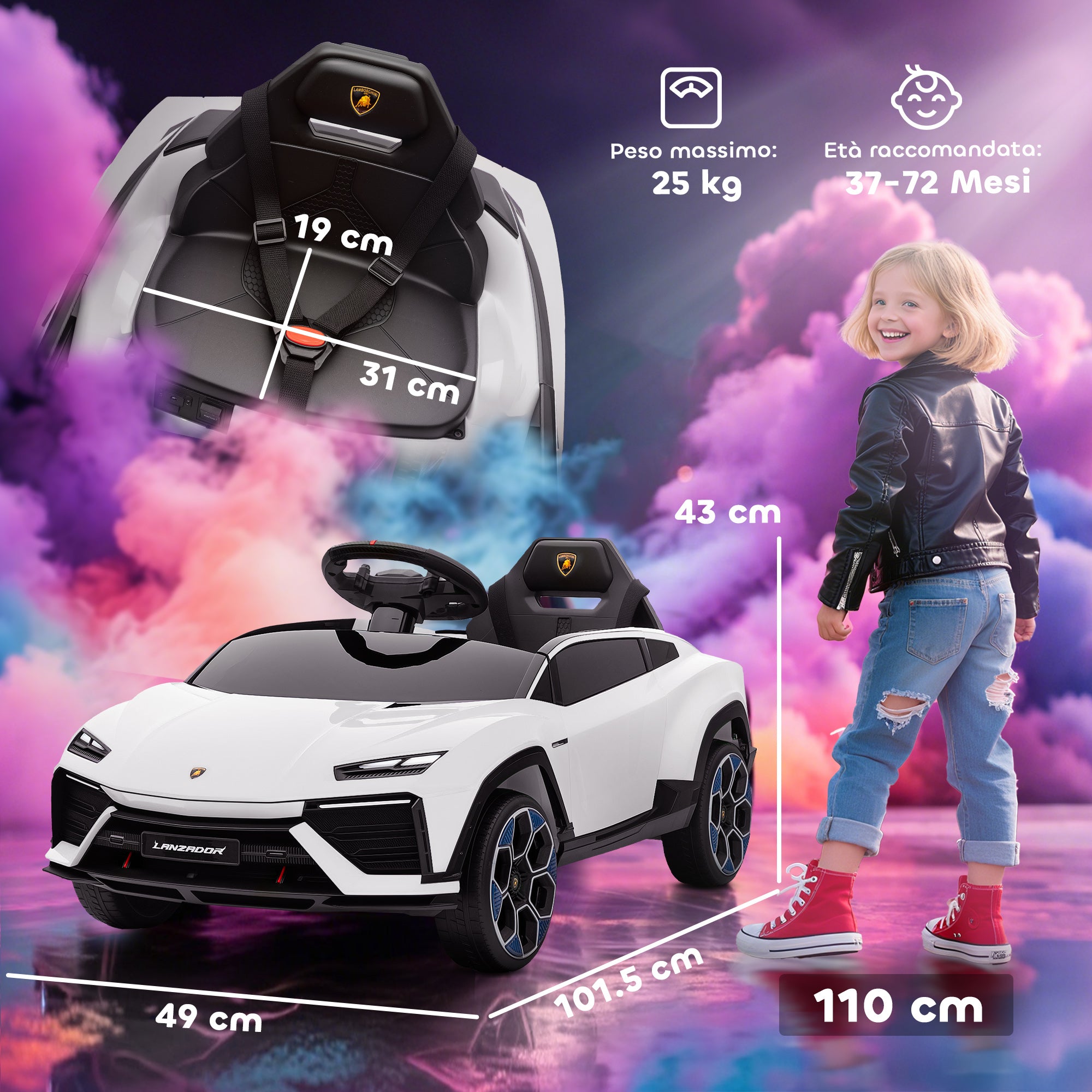 Macchina Elettrica per Bambini 101.5x49x43 cm Licenza Lamborghini 12V con Luci LED Clacson e Telecomando Bianca