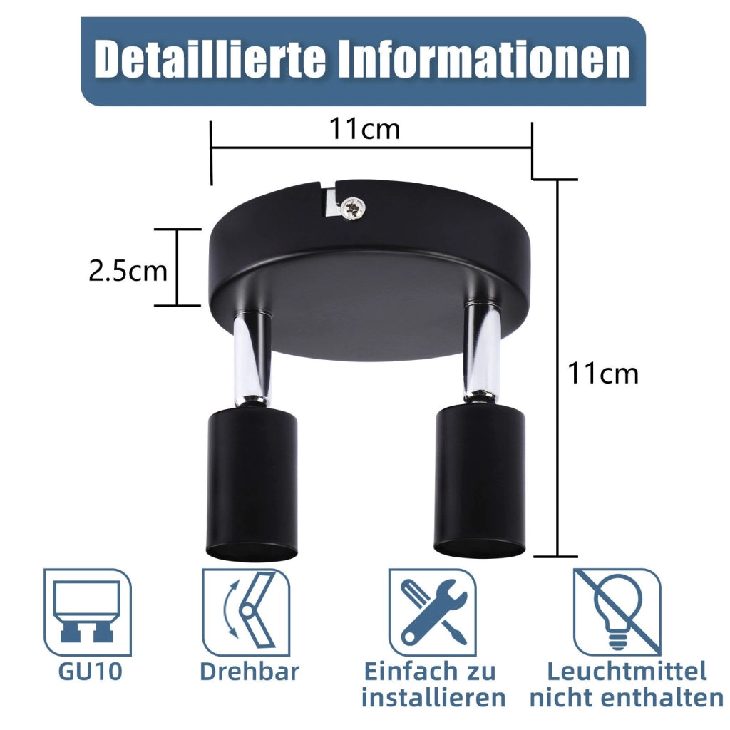 ZMH Faretto da soffitto LED neri 2 fiamme GU10 rotondi metallo girevoli 350° plafoniera