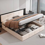 Letto matrimoniale 180x200 cm in velluto beige con testiera regolabile e contenitore