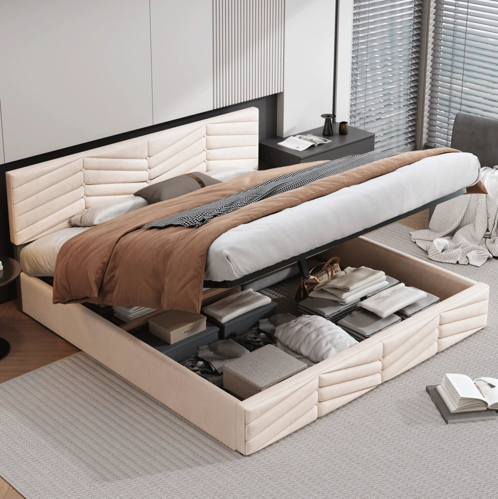 Letto matrimoniale 180x200 cm in velluto beige con testiera regolabile e contenitore