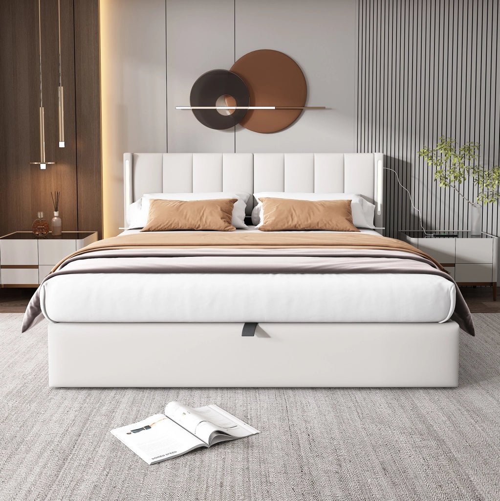 Letto imbottito LED 180x200 cm con vano contenitore bianco