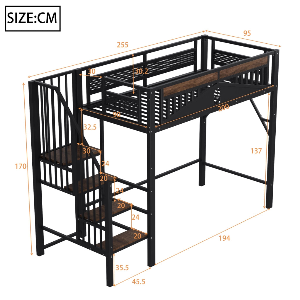 Letto a soppalco 90x200 cm con scala di sicurezza e vani portaoggetti in metallo nero