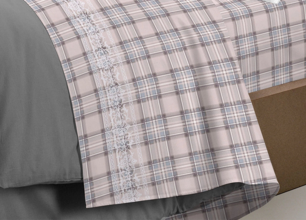 Completo Lenzuola Flanella Pensieri Delicati 100% Cotone Disegno Cervo Tartan - Matrimoniale - Beige
