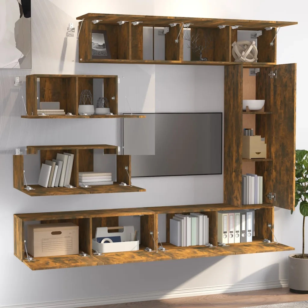 Set di Mobili Porta TV 7 pz | Armadietto TV | Mobile Porta TV Rovere Fumo in Legno Multistrato