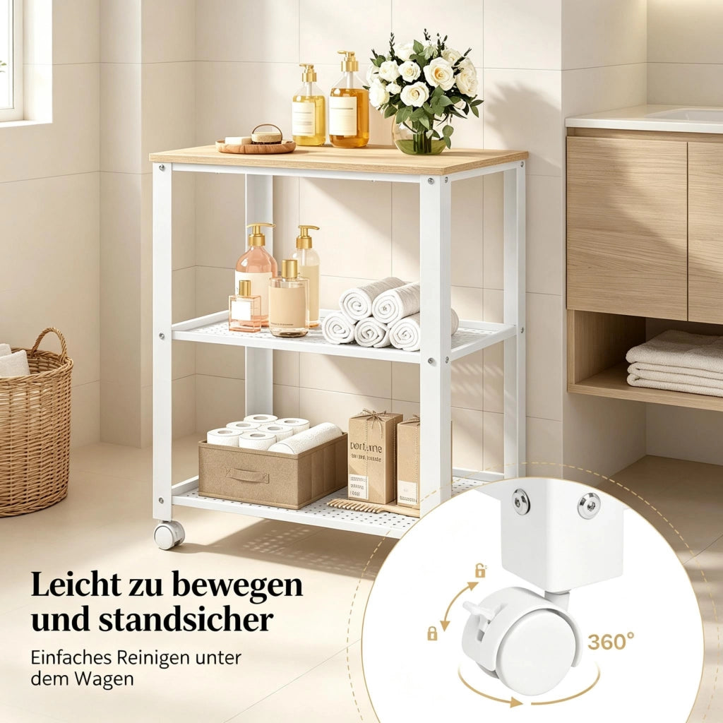 Scaffale con ripiani e ruote per cucina, metallo e legno, bianco e rovere chiaro 60×40×76 cm