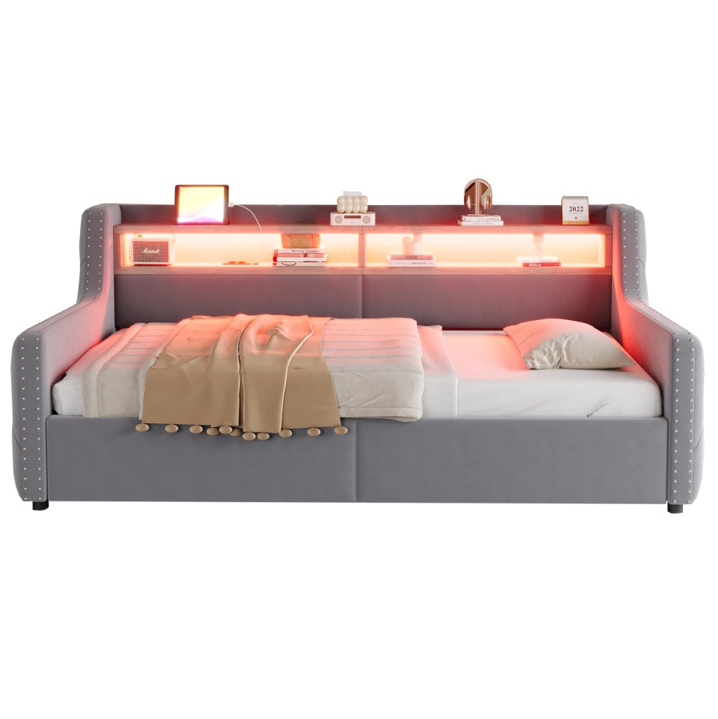 Divano letto imbottito 90 x 200 cm con vano contenitore e illuminazione LED