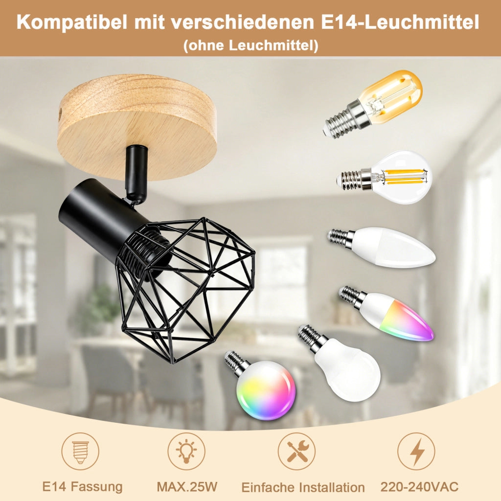 ZMH Faretto da soffitto 1 Luce Nero Legno E14 Vintage Industriale Orientabile 350¡ã per Cucina Camera Senza Lampadina
