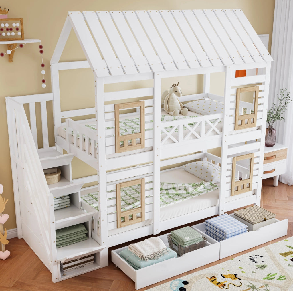 Letto a castello per bambini con 2 cassetti e scala contenitore; 90x200 cm; bianco e naturale