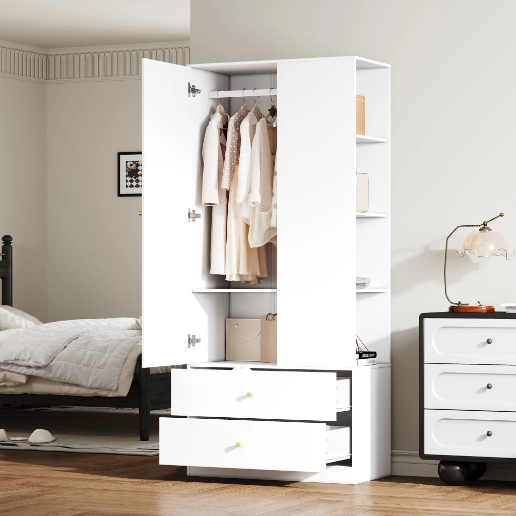 Armadio con specchio e 1 anta, 2 cassetti e 4 ripiani in MDF per camera da letto, bianco, 80 × 40 × 180 cm