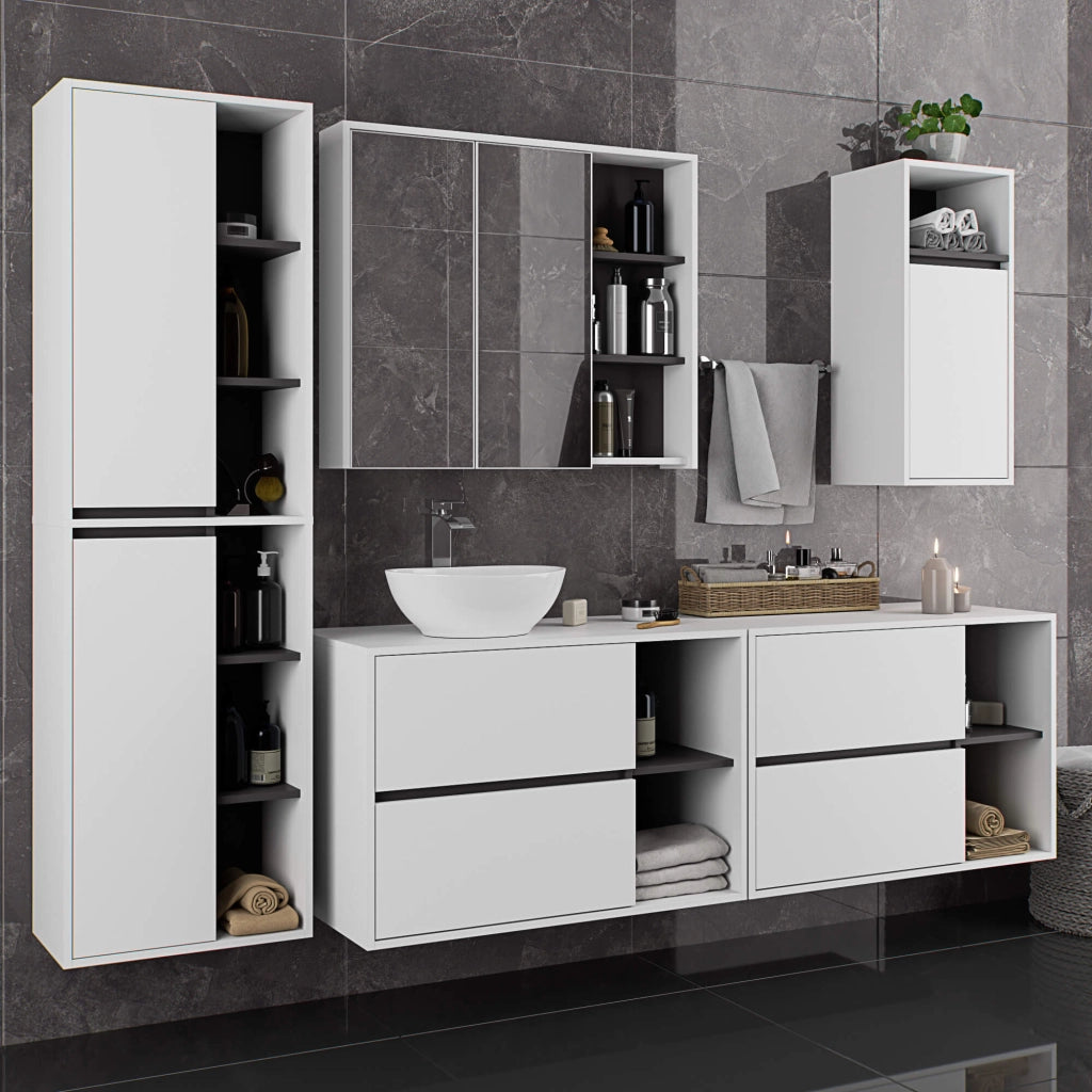 Pensile bagno con specchio VAMI Bianco, Grigio Grafite 90 cm 2 ante 90x15x75 cm