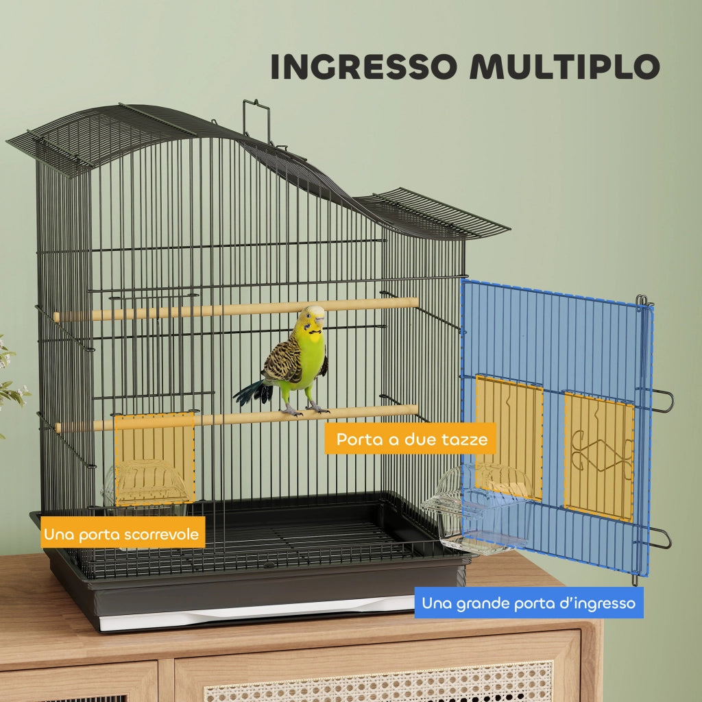 Gabbia per Uccelli 4 Porte con Ciotole e Posatoi ¨C zephmum ¨C Nero 47.5x36x54.5 cm