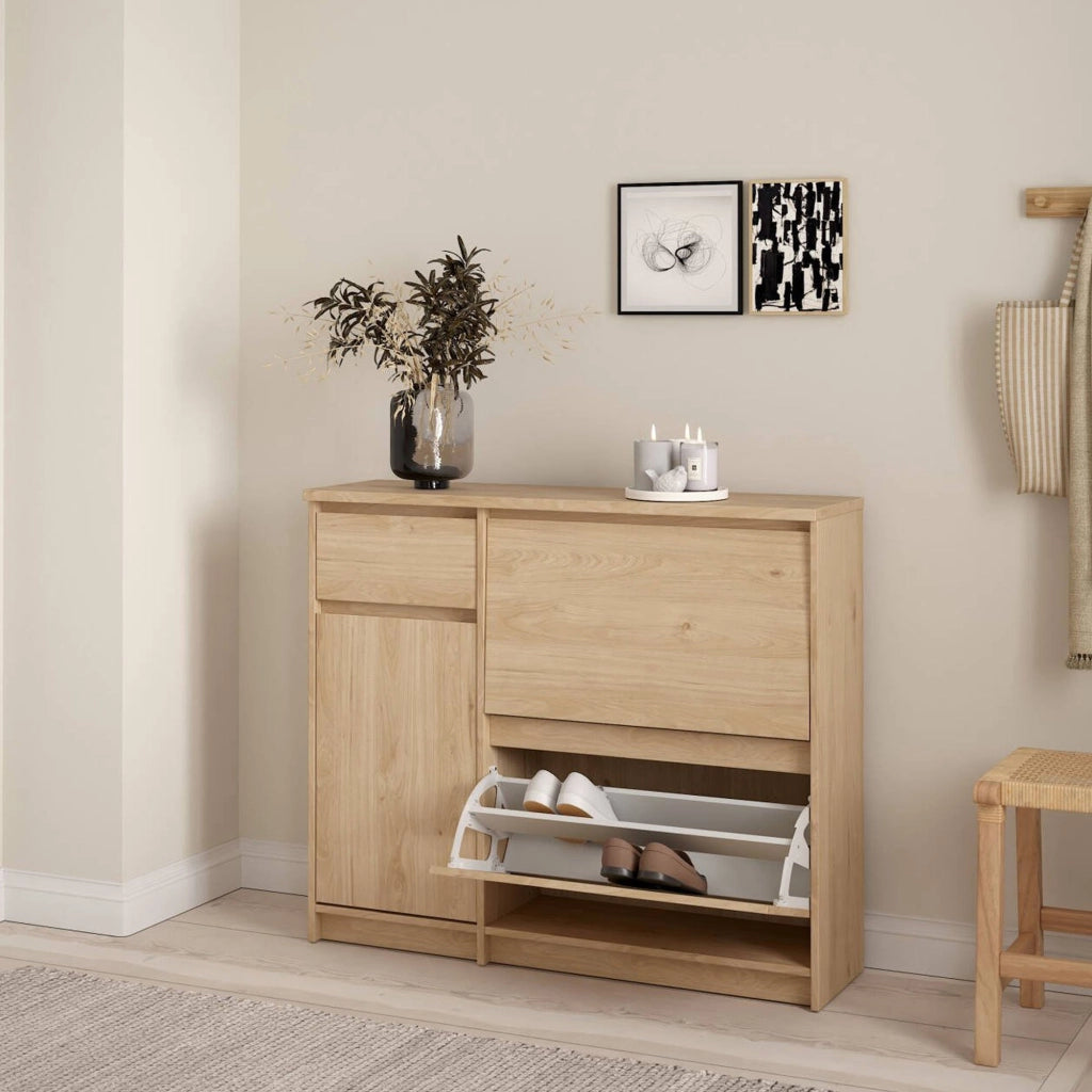Scarpiera Todd, Mobile portascarpe, Armadio da ingresso multiuso, Mobiletto per calzature, 109x32 h93 cm, Rovere