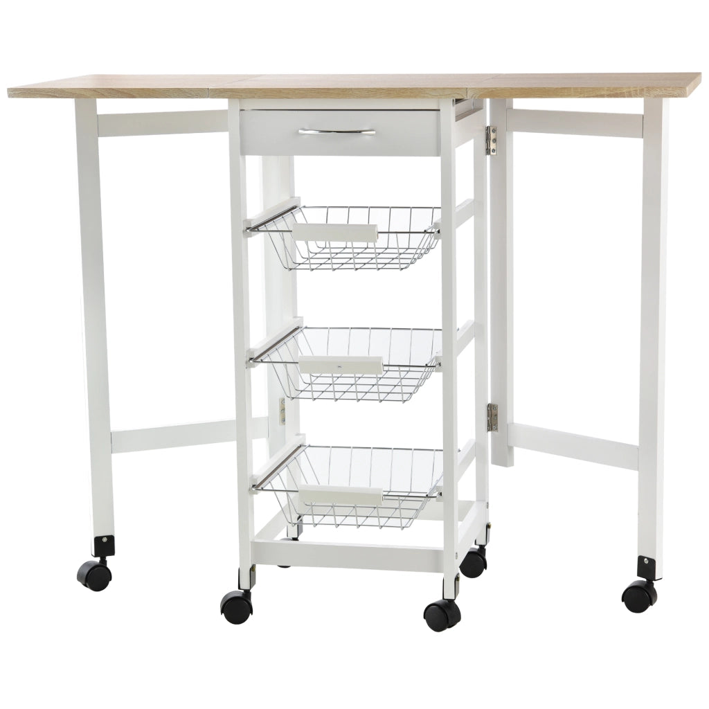 Carrello da cucina con 3 cestini, cassetto e ripiani ¨C zephmum ¨C metallo bianco effetto quercia
