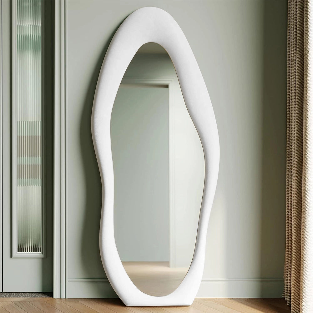 Specchio Grande Ondulato con Cornice Rivestimento in Velluto Bianco 60 x 160 cm