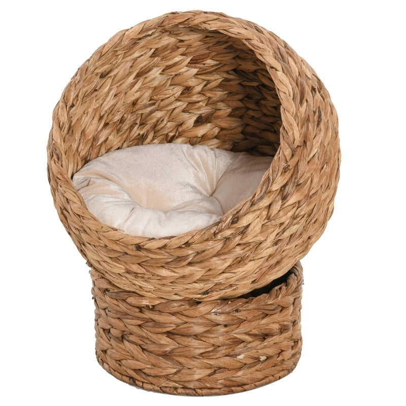 Cestino per gatti rialzato in giacinto d’acqua con cuscino rimovibile, 50 x 42 x 60 cm, marrone chiaro