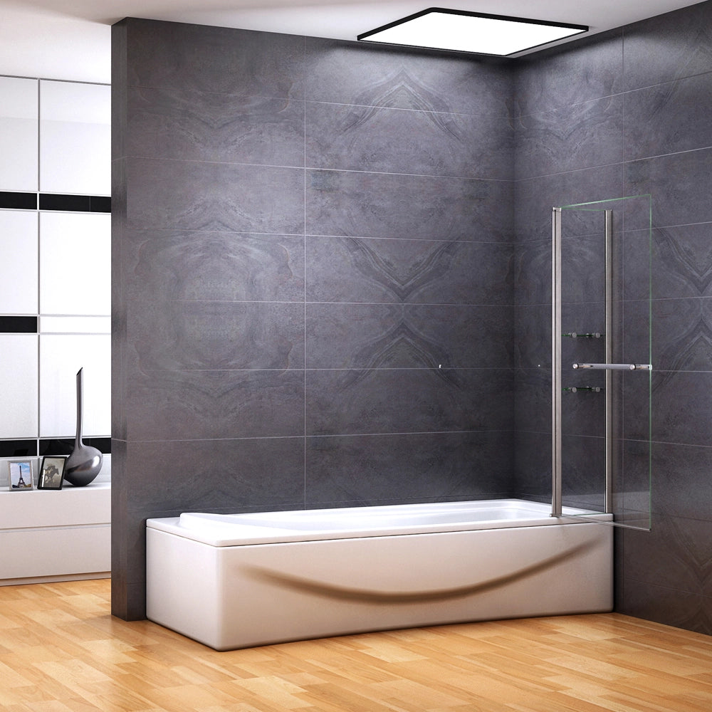 100x140 cm Sopravasca Parete Doccia Per Vasca Girevole 180° Vetro Temperato 6mm Trasparente Inclusi Due Ripiani Maniglia Portasciugamani Telaio Cromo Lucido