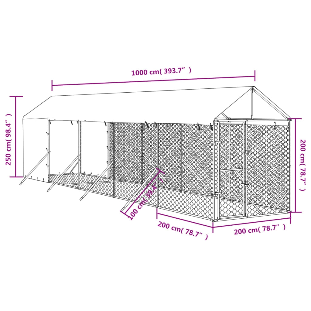 Cuccia/gabbia/recinto/zaino per animali da esterno con tetto argentato 2 x 10 x 2,5 m Argento 02_0041894