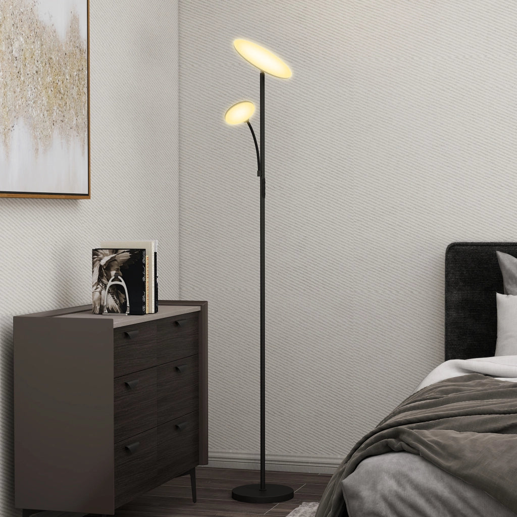 Lampada da Terra con 2 Punti Luce LED Regolabile Temperatura 2700K-6500K con Telecomando in Metallo e PC Nero