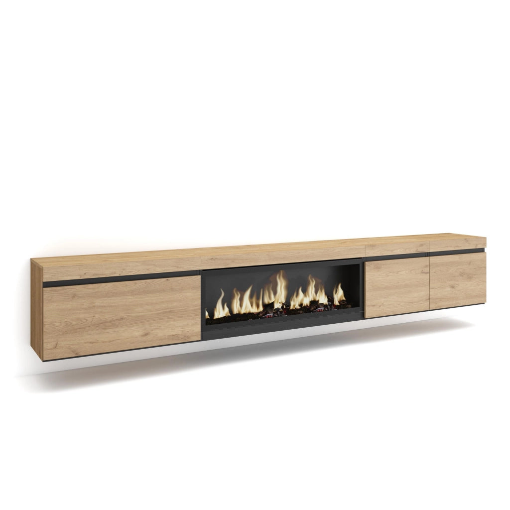 Mobile TV Soggiorno, 288x35x45cm, TV di grande formato, Camino elettrico XXL, da appendere, colore Rovere RF3621