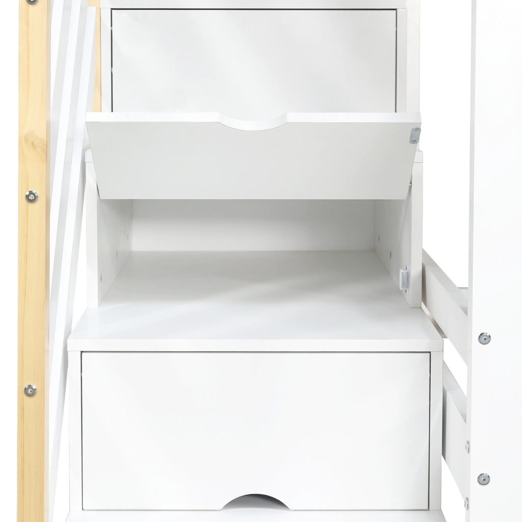 Letto a Castello 90x200 cm; con Scala Contenitore; Finestre e Tetto - Bianco Naturale