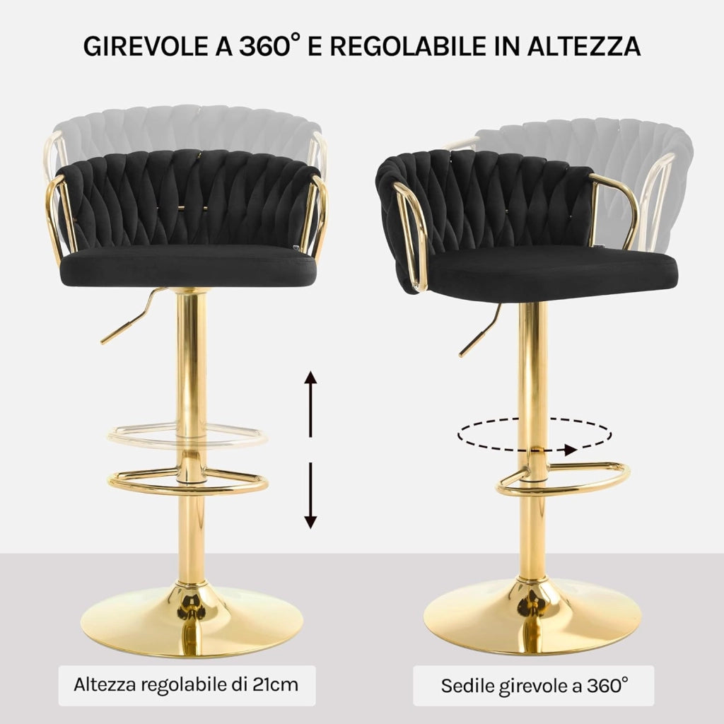 Set di 2 Sgabelli da Cucina Altezza Regolabile, Sgabelli da Bar in Velluto, Girevoli a 360°, con Base in Metallo e Poggiapiedi, Nero