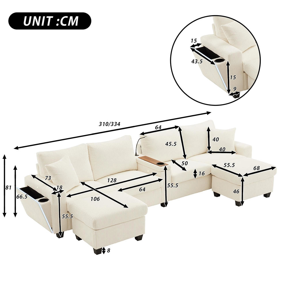 Divano a U in velluto costato - Xylo - 334x128,5x81 cm - Beige - 2 sgabelli, luce LED, porta-bevande, USB/Type-C