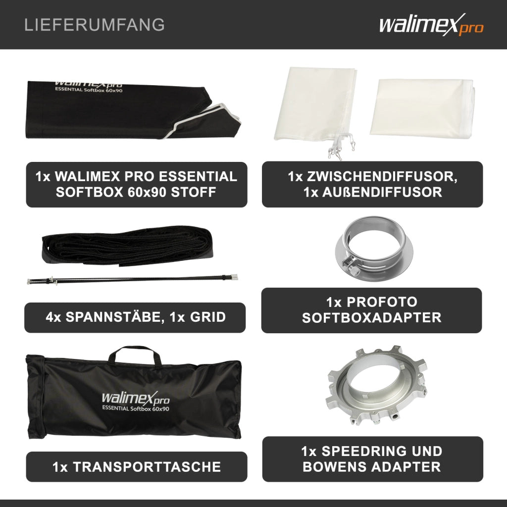Essential Softbox 60x90cm + adattatore softbox per Profoto (diametro esterno: 15,2 cm), ruotabile a 360°, facile da montare, griglia inclusa, adattatore Bowens e borsa di trasporto