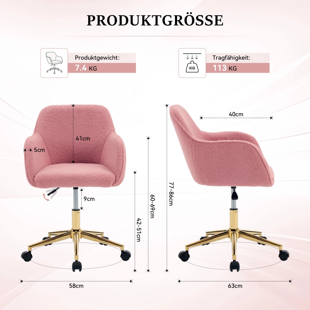 SEDIA Girevole 58x58x86 cm in Teddy Rosa con base dorata