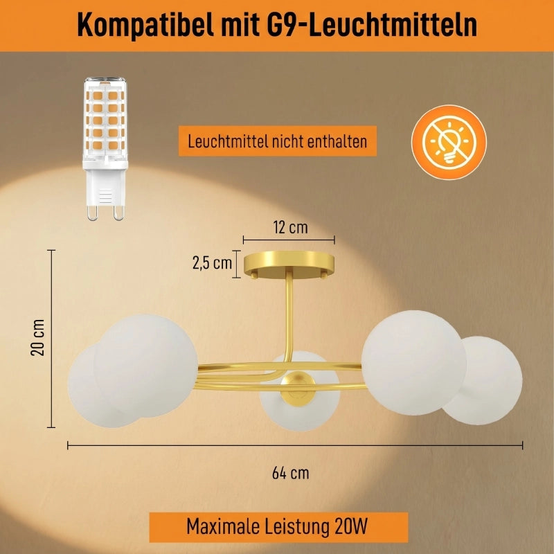 Plafoniera da 20W con 5 portalampade G9, elegante design oro e bianco, lampadine non incluse.