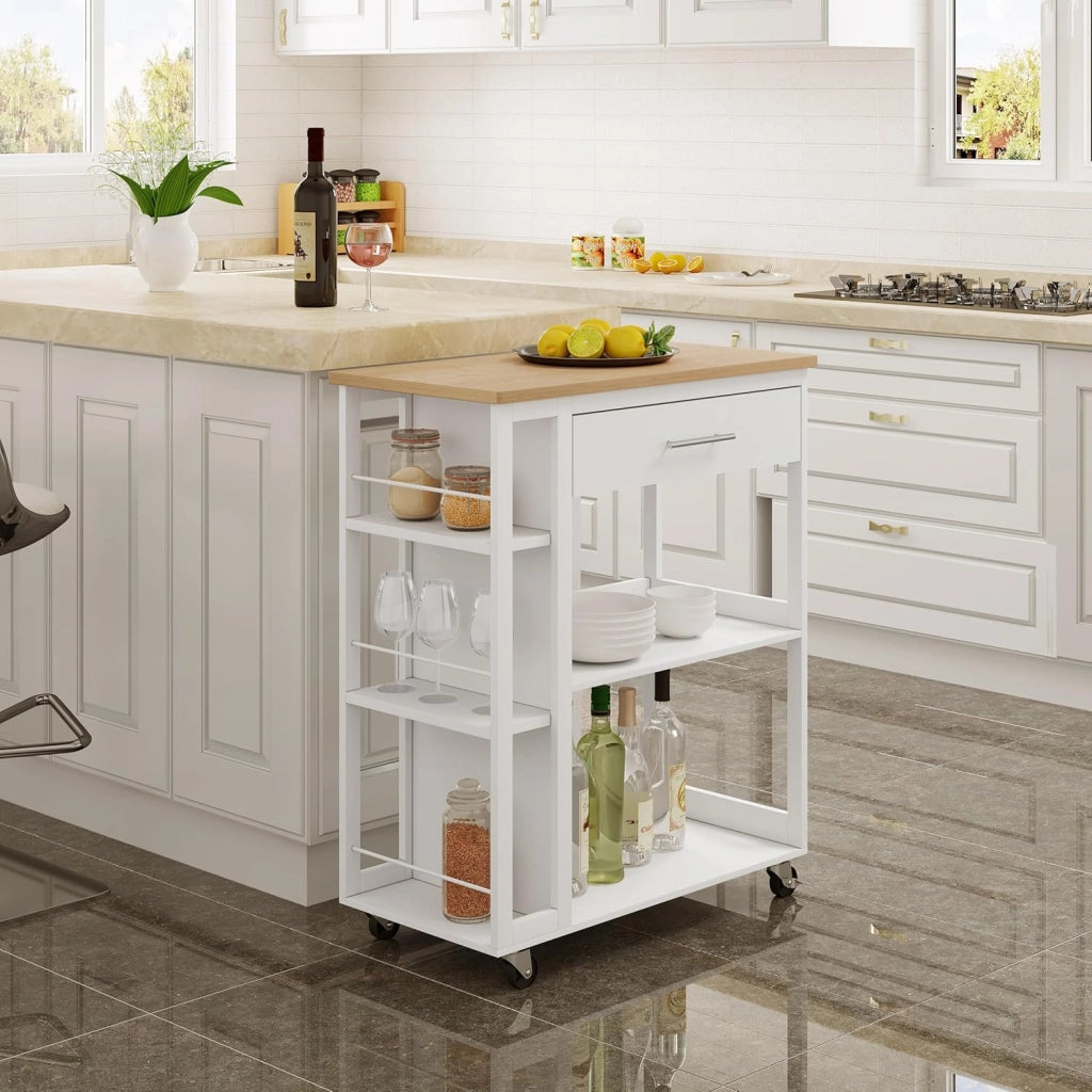 Carrello con Ruote, Isola da Cucina, Carrello Portaoggetti con Piano di Lavoro Cassetto Ripiani Aperti, Contenitore per Sala da Pranzo/Bagno/Cucina, 73x38x88 cm, Effetto Bambù + Bianco, RW051eiw