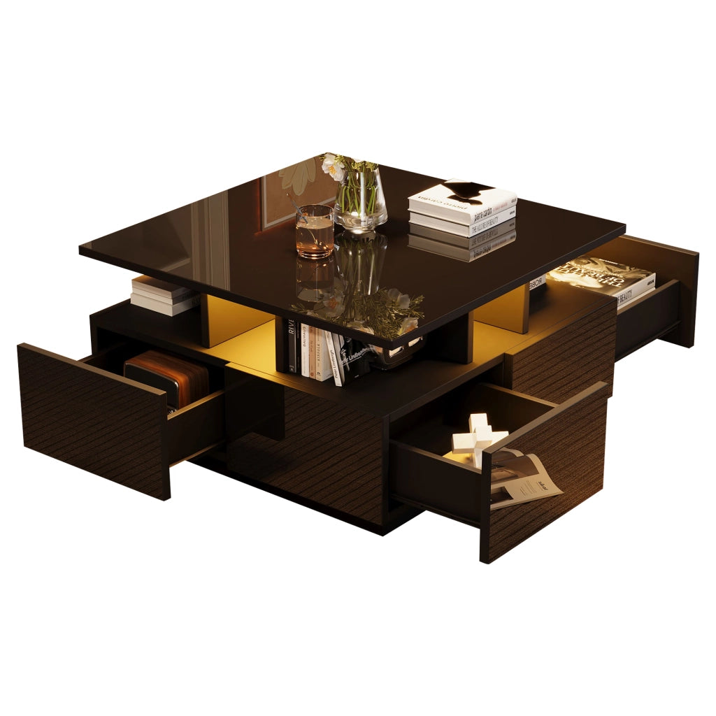 Tavolino da Caffè Quadrato con 4 Cassetti e LED; Nero Lucido; Design Geometrico; in Pannello Truciolare; 70×70×40 cm