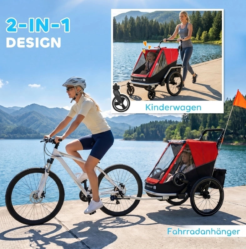 Rimorchio bici 2 in 1 per 2 bambini rosso