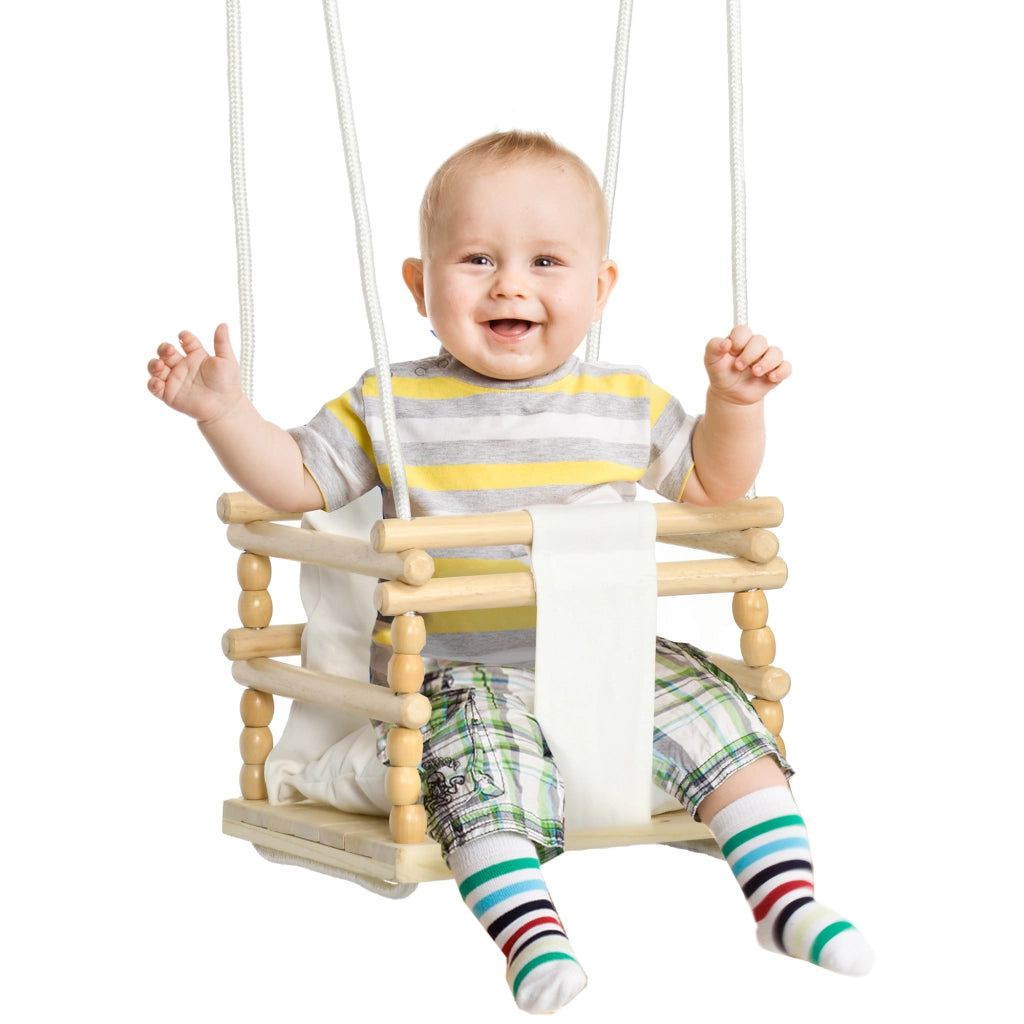 EasyComfort Altalena per Bambini 9-36 Mesi in Legno e Cotone con Corda Regolabile e Cuscino, 30x30x110-180 cm