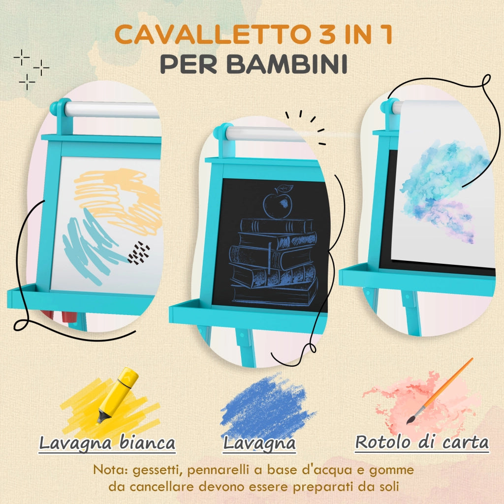 Cavalletto 3 in 1 per Bambini con Lavagna Magnetica e Gessetti ¨C Zephmum ¨C Blu con Contenitori e Rotolo di Carta
