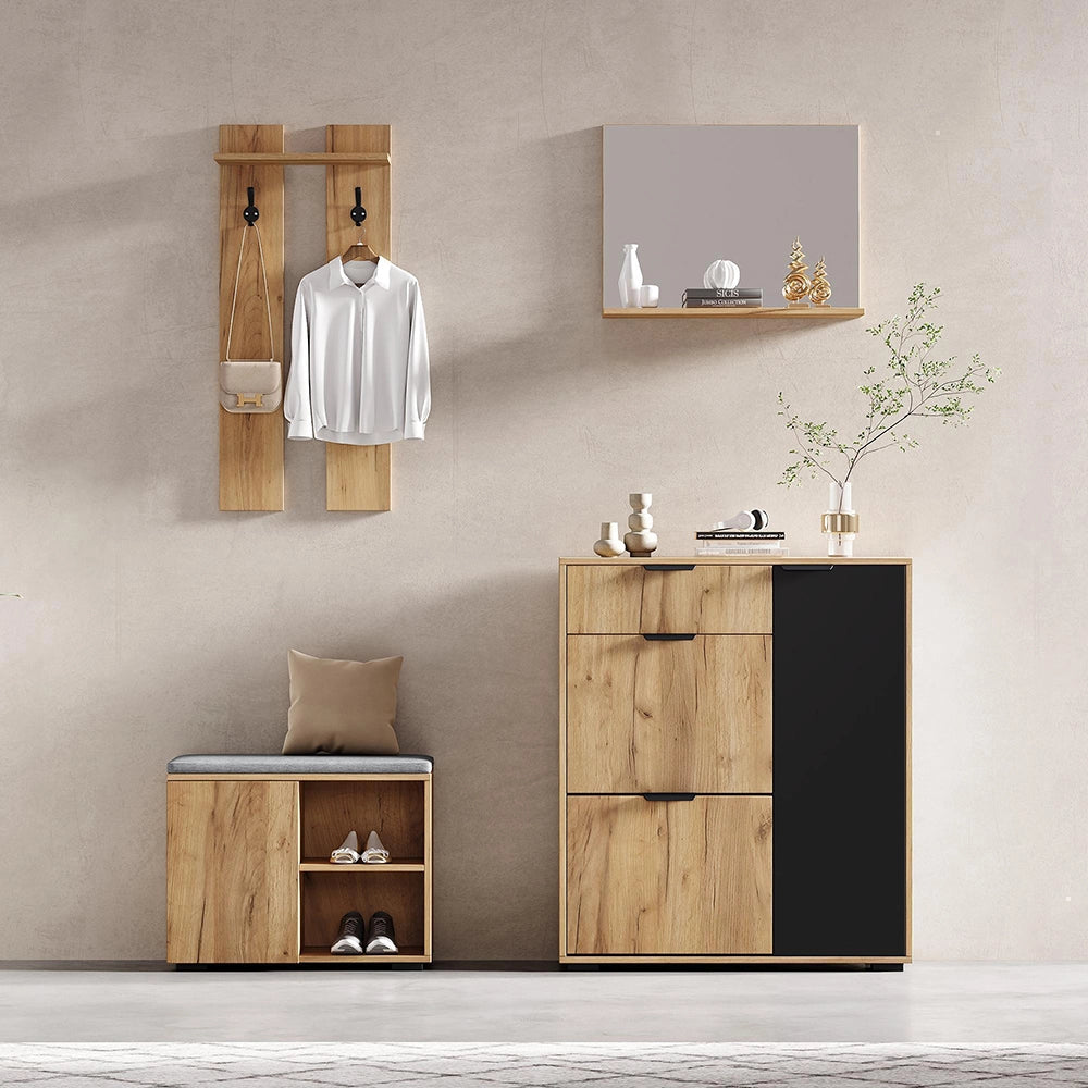 Set vestiario per corridoio - Xylo - con panchina, armadio, specchio, 2 ganci, 4 ante, 140x35x139 cm