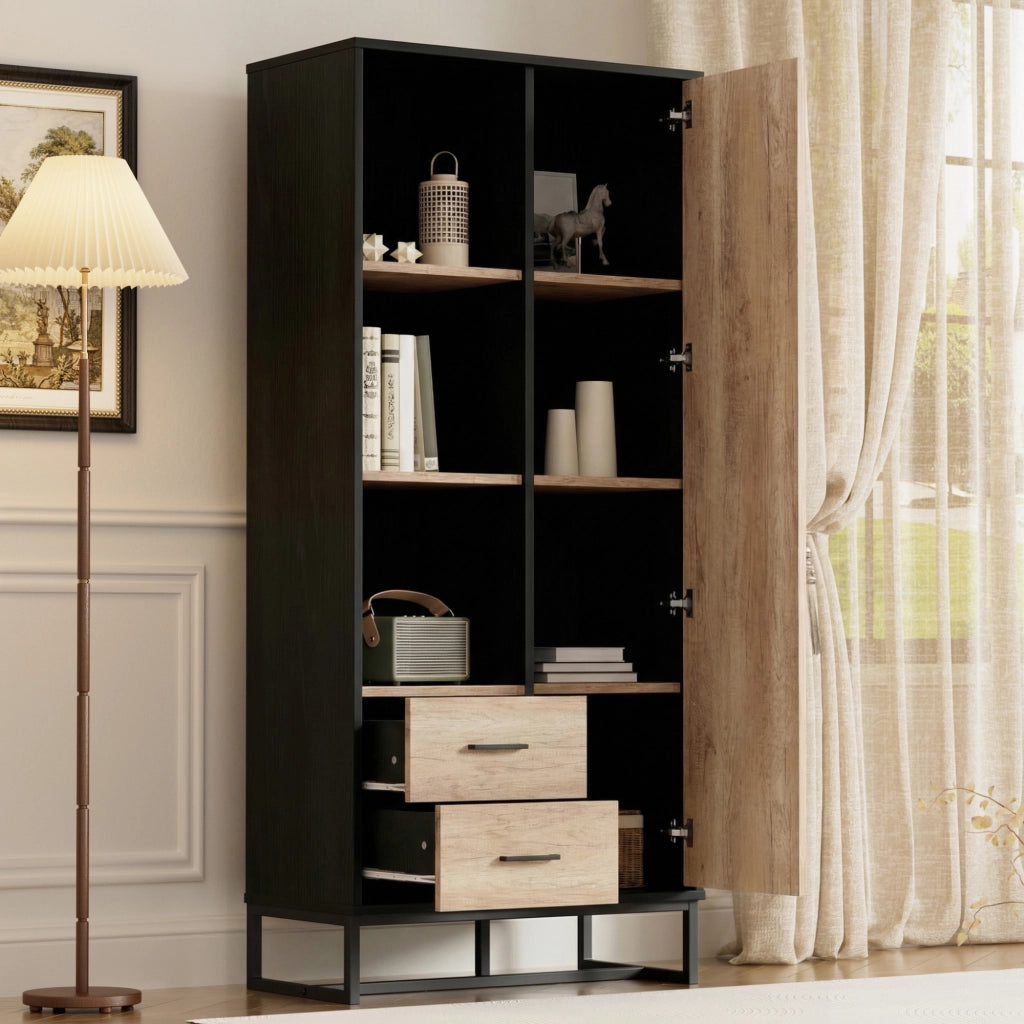 Credenza alta con 1 anta; 2 cassetti e 3 vani aperti per soggiorno; ufficio e ingresso; in MDF; nero e legno; 80 × 40 × 180 cm