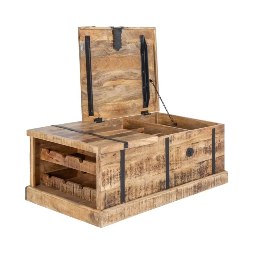 Tavolino da salotto cassapanca TRESORO 100 cm in legno di mango massiccio con porta bottiglie