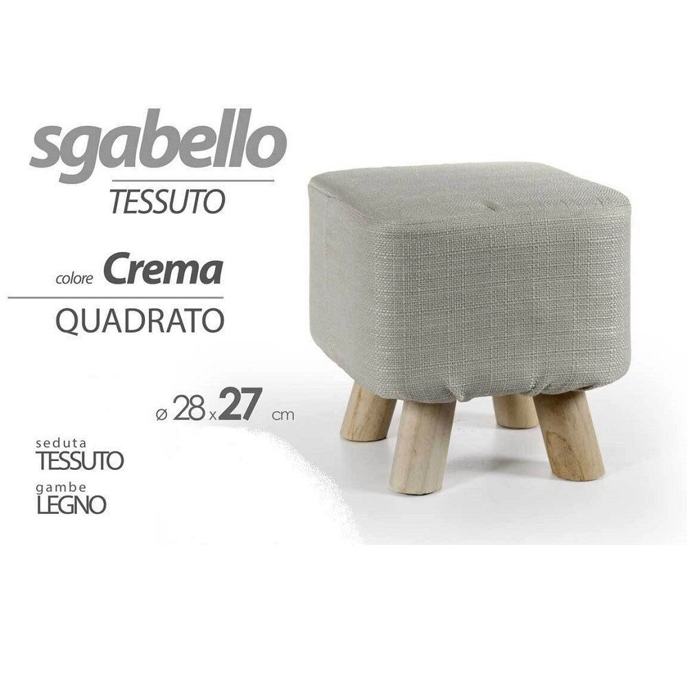 Trade Shop - Pouf Sgabello Poggiapiedi Quadrato Crema Tessuto Pouff Piedi Legno 27x28cm 789861 -