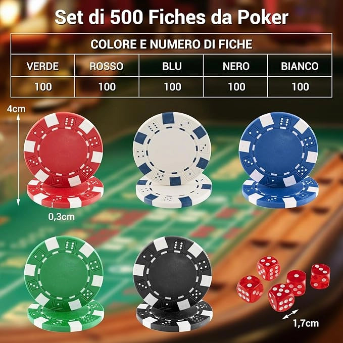 Chips Poker Set da Poker di 500 Chips, Inclusi 2 Mazzi di Carte da Poker 5 Dadi 1 Pulsante Dealer Valigetta in Alluminio (Nero)