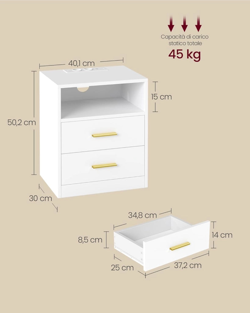 VASAGLE CUSTOS Collezione - Set di 2 Comodini con Stazione di Ricarica, Luce LED, Tavolini Moderni con Cassetti, Ripiano Aperto, 2 Prese AC e Porte USB, Bianco Nuvola LET829WB01