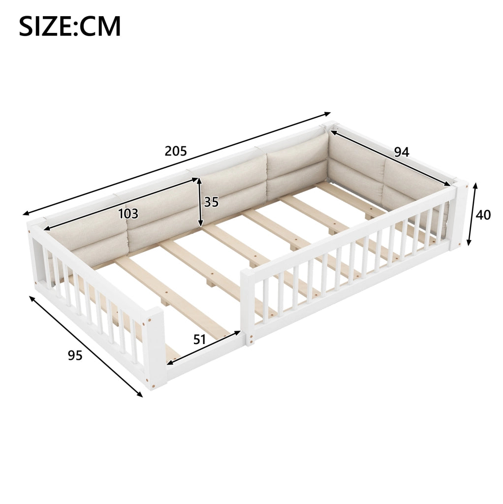Letto piattaforma 90x200 cm con sponde laterali e cuscini; bianco